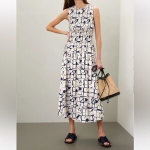 Apiece Apart Dress Siempre Smocked Midi Abstract Navy Blue Print Size Small